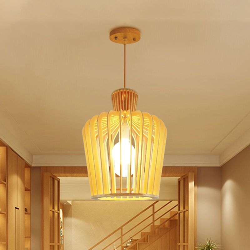 Modernism Urn/Gourd Pendant Lighting Wood 1 Bulb Hanging Light Fixture in Beige for Dining Room