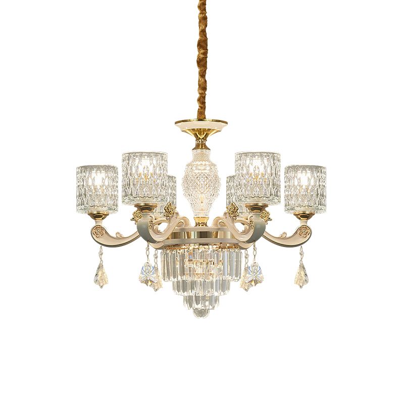 6/8-Light Crystal Pendant Lighting Modernism Gold Cylinder Dining Room Up Chandelier Lamp Fixture