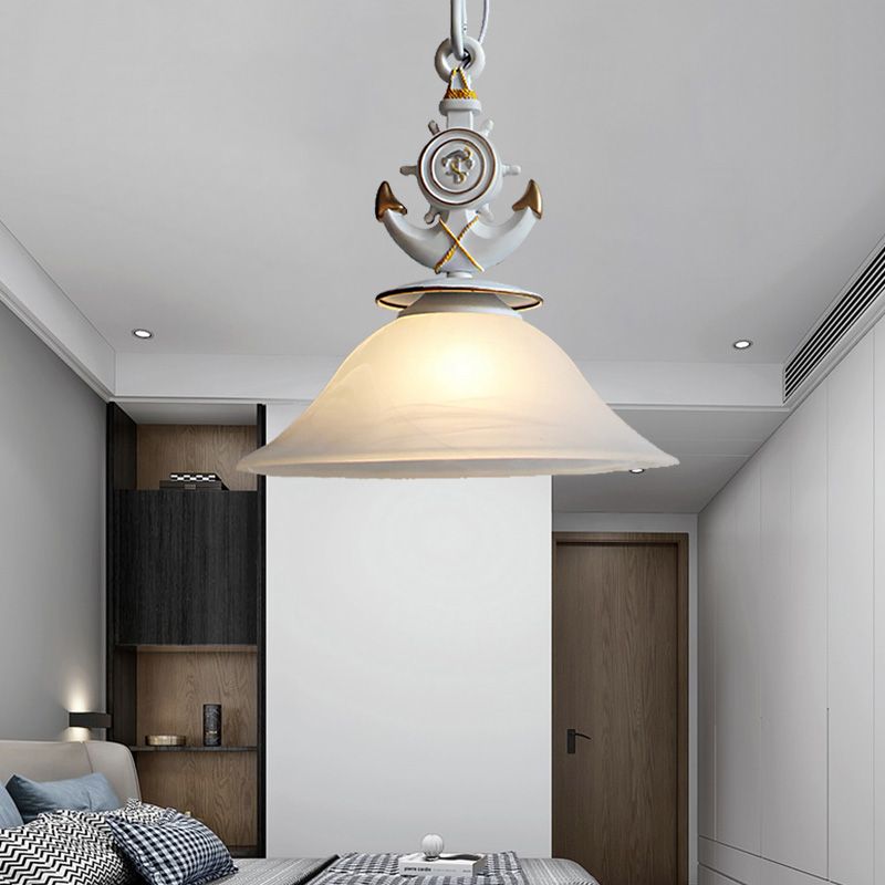 Bell Opal Glass Hanging Light Style Modernist 1 Head Blue/White Finish Lighting con Anchor Deco