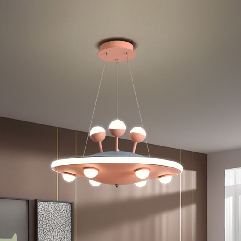 Cartoon UFO Ceiling Chandelier Metal LED Kids Bedroom Pendant Light with Round Canopy in Pink/Blue