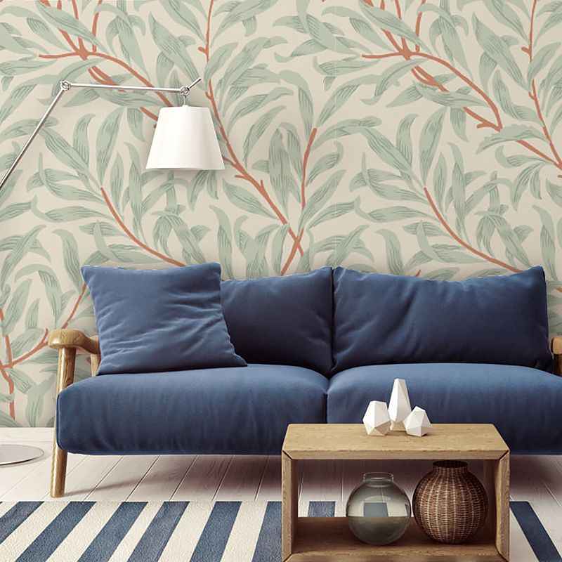 Beige and Green Plant Mural Personalized Size Leaves Wall Covering for Accent Wall