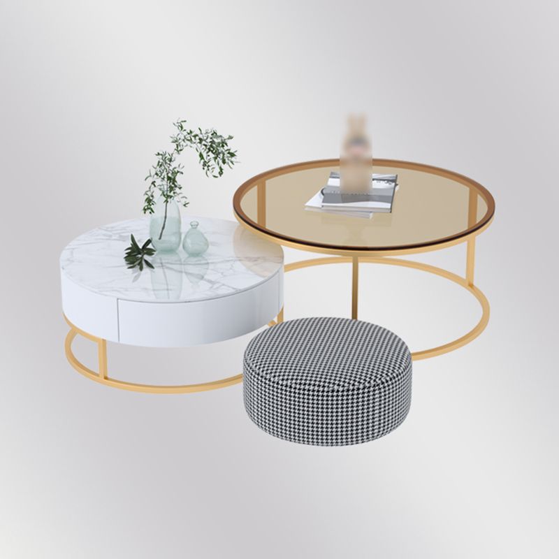 Glass Top Frame Coffee Table Round Nesting Coffee Table Set with Drawer