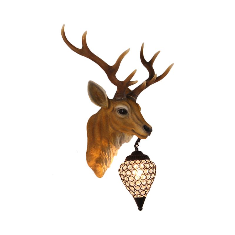 Teardrop Beveled Crystal Wall Lighting Country 15"/20.5"/24.5" Wide 1 Head Bedroom Sconce Lamp with Deer Head in White/Yellow/Gold