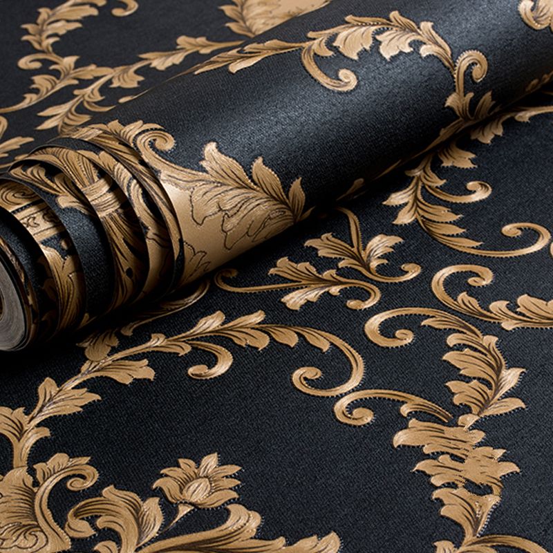Gold Medallion Wallpaper Moisture Resistant Wall Covering on Black for Living Room