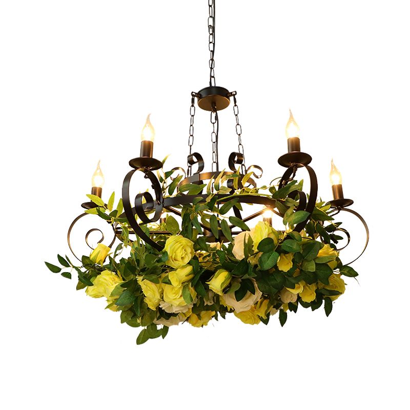 6 Bulbs Candle Pendant Chandelier Industrial Black Metal LED Suspension Lighting Fixture with Rose Decoration