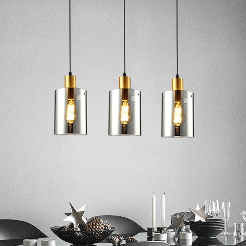 Cylinder Pendant Light Fixture Postmodern Smoke Gray Glass 1 Head Bedroom Hanging Lamp Kit