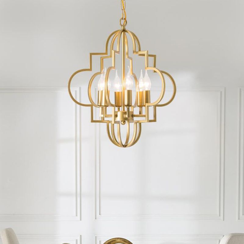 Metal Gold Pendant Lamp Candle Shade 6 Lights Classic Chandelier Light Fixture for Bedroom