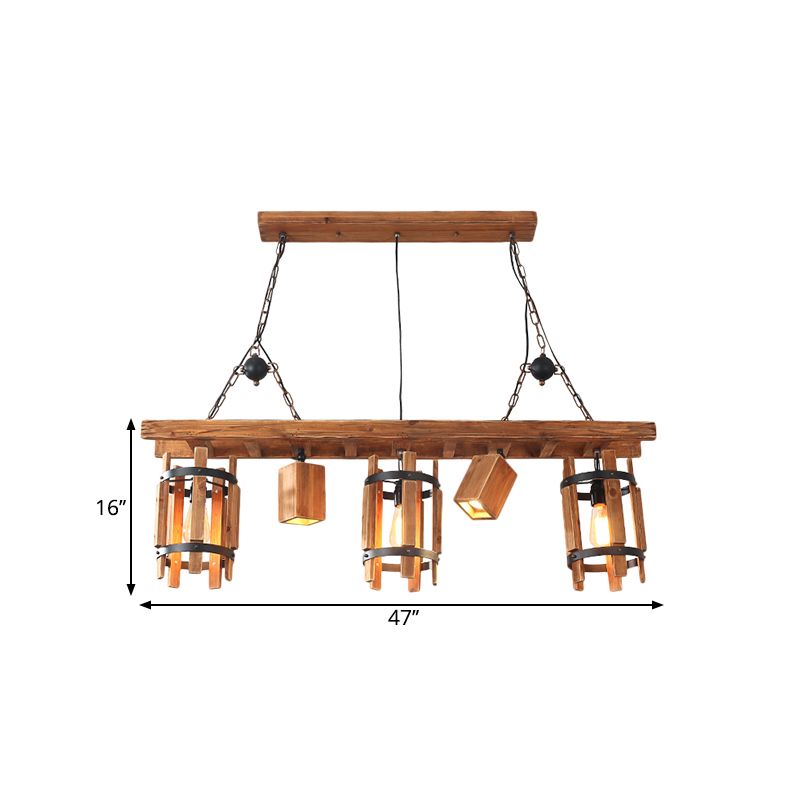 Gris / brun 5 lumières Drop Pendants Farmhouse Wood Cylinder Frame Island Éclairage avec design d'échelle