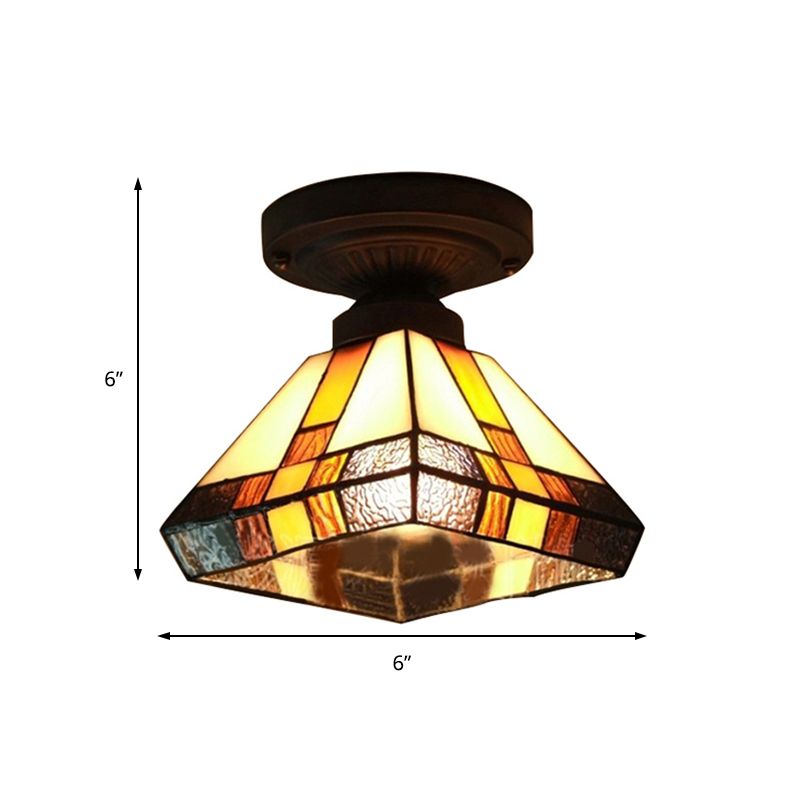 Plafonnier vintage Tiffany Craftsman à 1 lumière en verre teinté en noir/laiton antique pour couloir
