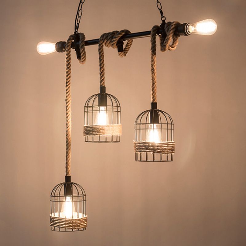 Black 5 Bulbs Island Lighting Factory Metal Birdcage Appeding Candant Light with Jute Rope