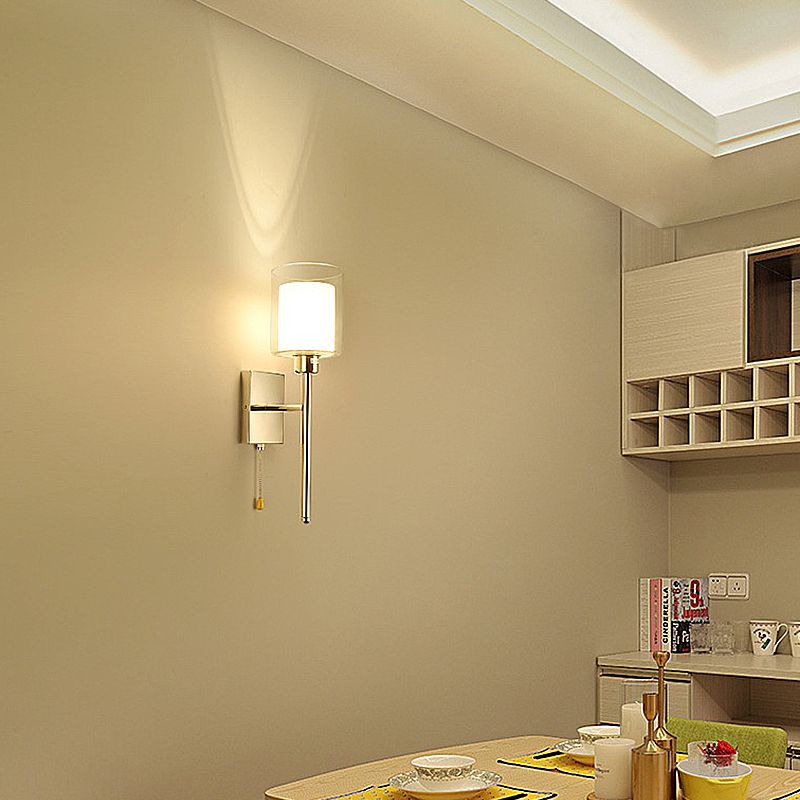 1-Light Modernism Wall Light, Torch Design with Golden/Chrome Finish, Cylinder Shaped Glass Shade