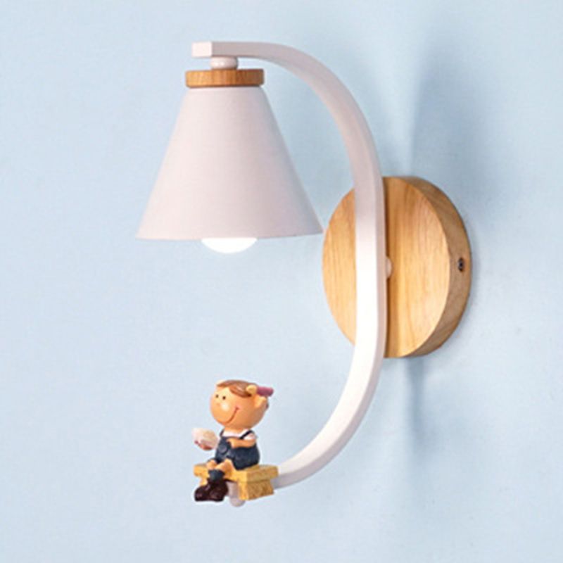 Tapered Wall Mount Light Kids Metallic 1-Light Bedside Wall Lighting with Decorative Figurine in White