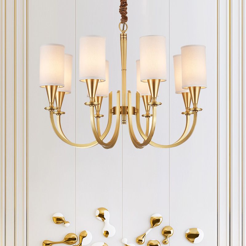 Brass American Traditional Style Chandelier Cylindrical Fabric Shade Dining Room Lighting Fixture with 19.6" Adjustable Suspension Chain
