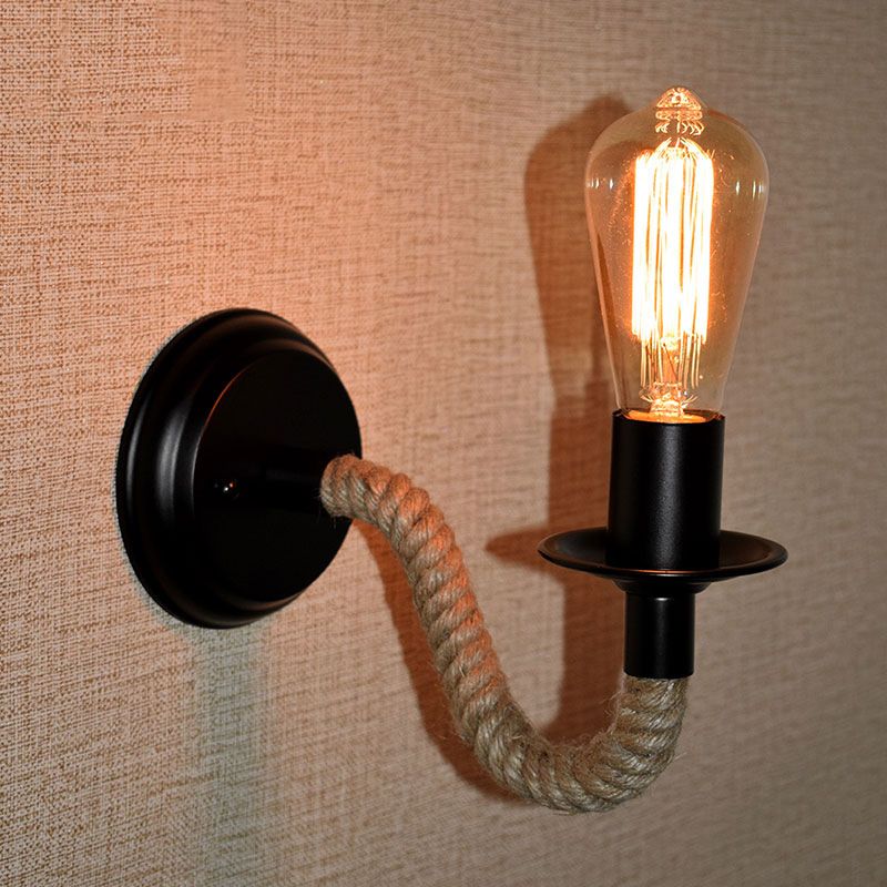 Black Exposed Bulb Wall Lighting Country Metal Single Aisle Sconce with Rope Wrapped Arm