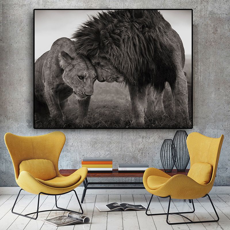 King of Savanna Lions Canvas Print Grey Modernist Wall Art Print for Sitting Room