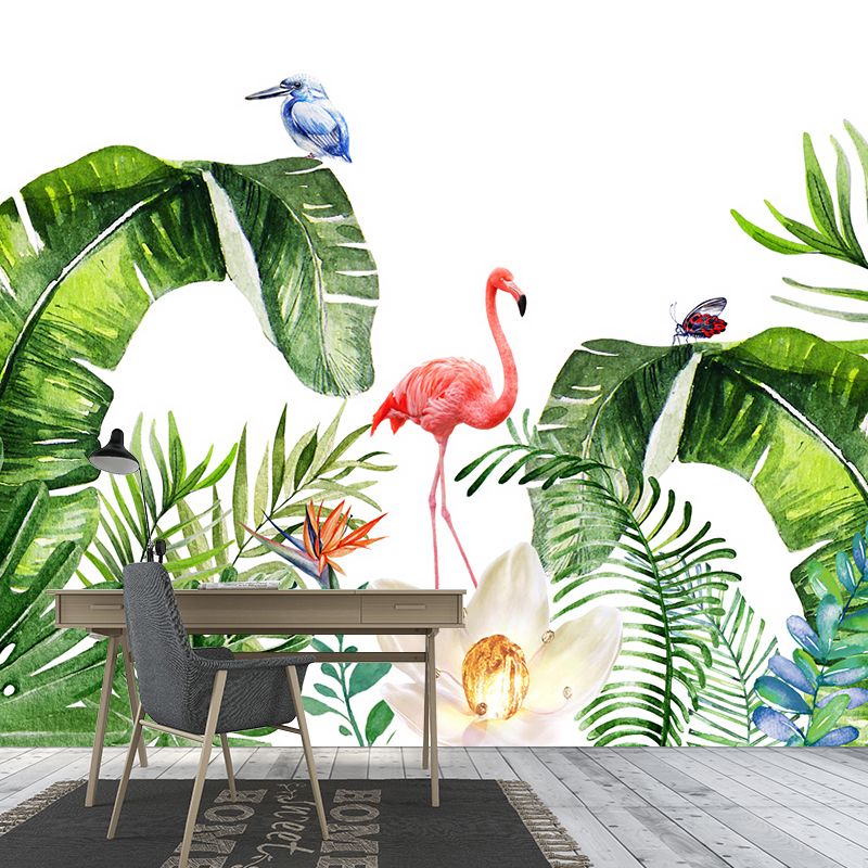 Tropics Plants Flamingo Murals Wallpaper Pink and Green Water Resistant Wall Art for Bedroom