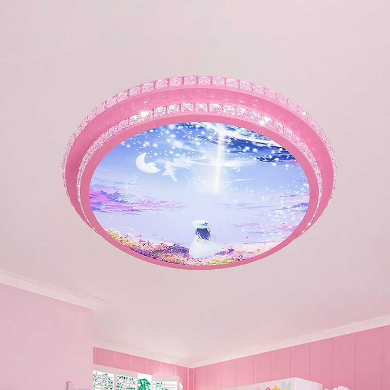 Night Sky Pattern Circular Flushmount Romantic Modern Acrylic Pink LED Ceiling Flush Light with Crystal Trim