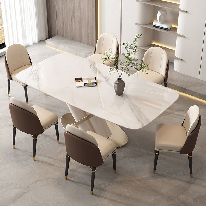 Modern Style Sintered Stone Dining Table with White Fixed Table and Trestle Base