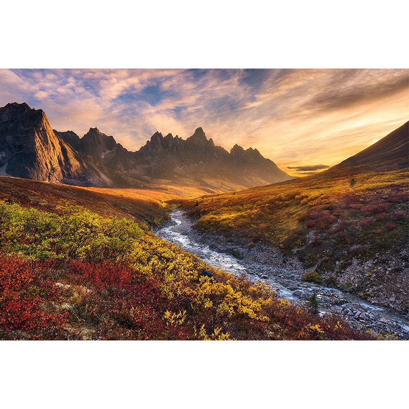 Modern Sunset Mountain Landscape Mural Brown Autumn Meadows and Drying River Wall Art