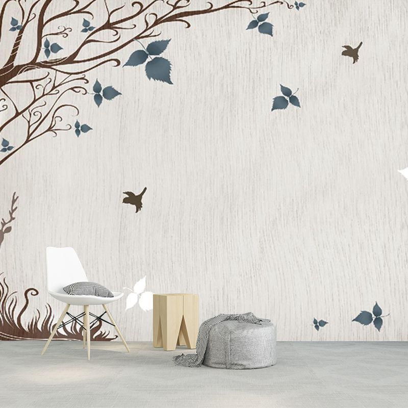 Grey-Blue Tree Wallpaper Murals Water Resistant Rustic Living Room Wall Art, Non-Woven