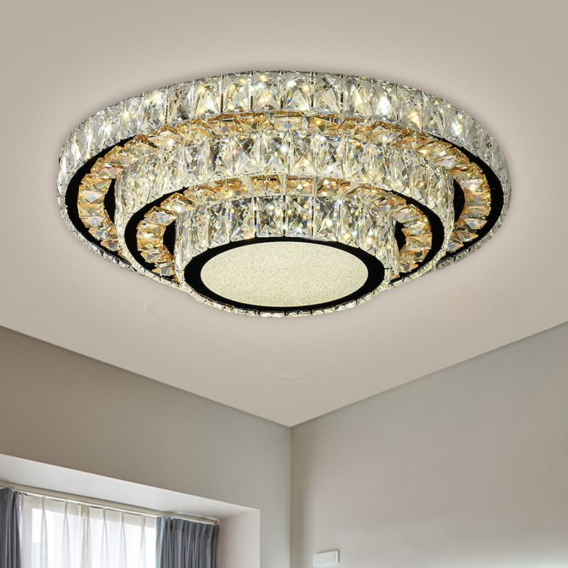 Stainless-Steel Layered Circle Flush Light Modern Style Clear Beveled Crystal LED Ceiling Lighting for Bedroom