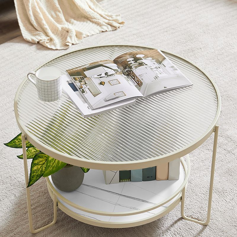 Contemporary Round Coffee Table with Glass Top and Stone Shelf