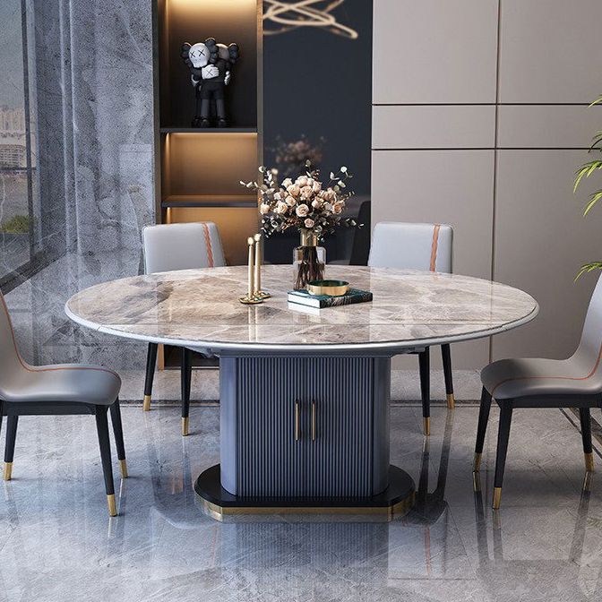 Extendable Round Dining Table Modern Adjustable Sintered Stone Top Table with Storage Pedestal