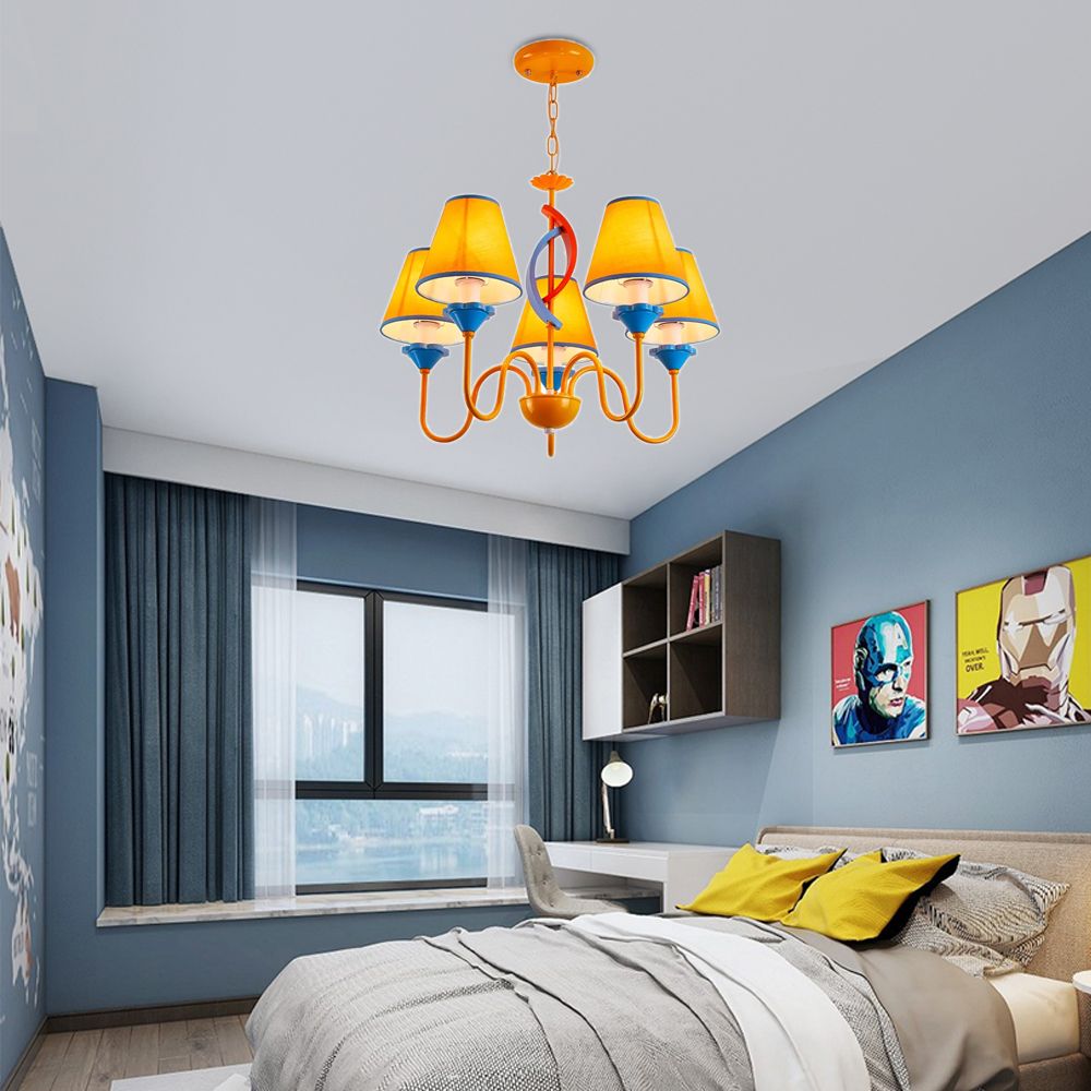 Nursing Room Tapered Shade Chandelier Fabric Metal 5 Heads Modern Bright-Colored Pendant Light