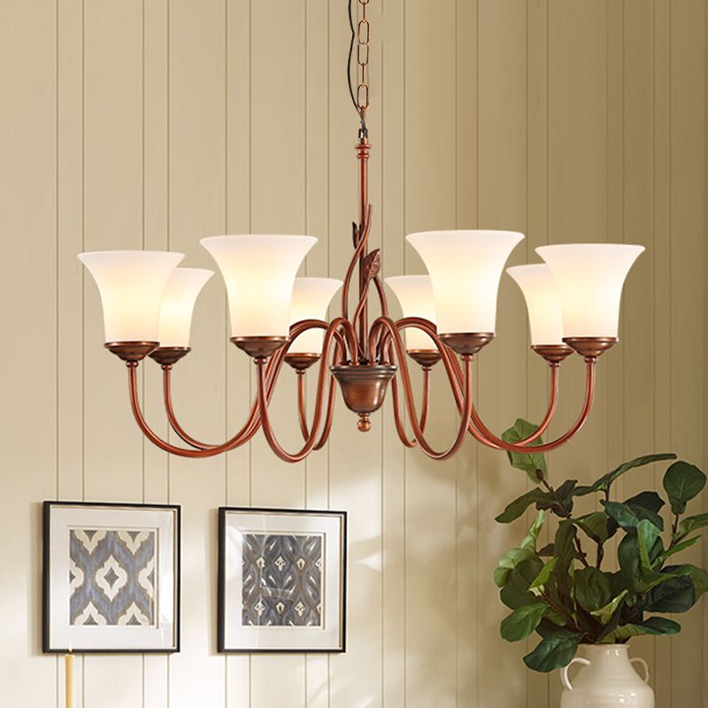 Koffie 8 Lichten Hangdoek Kroonluchter Vintage Milky Glass Wandelen Plafond Suspension Lamp voor de woonkamer