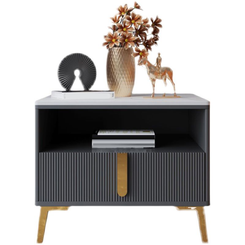 4 Legs Glam Side Table Stone Top Side Table with Shelf and Drawer