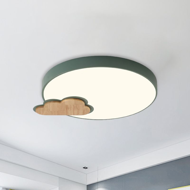 Grey/Green Finish Circle Flush Lamp Macaron LED Acrylic Flush Mount Ceiling Light with Cloud Wood Detail, White/Warm Light