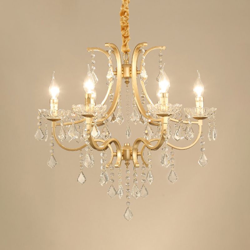 Luz de techo colgante de estilo de araña chapada en oro de metal con drapeado de cristal