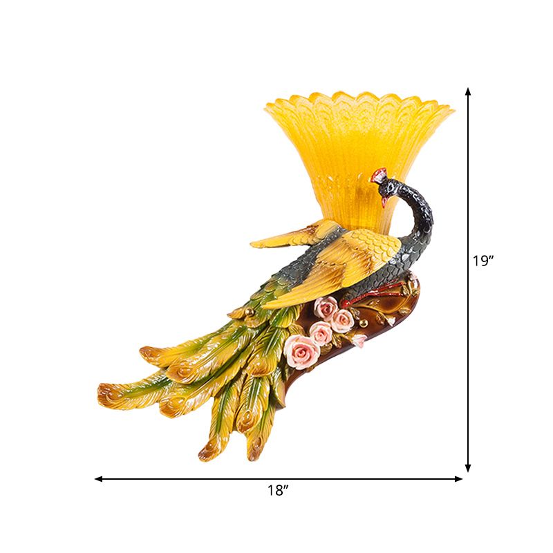 1 Light Scalloped Wall Mount Light Modern Style Yellow Glass Wall Lamp with Peacock Design for Bedroom, Left/Right