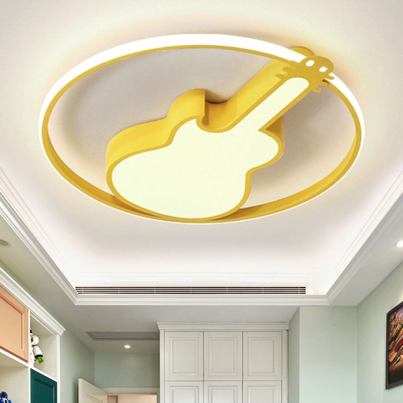 Circle Game Room Flush Mount Light with Guitar Acrylic Creative LED Ceiling Light in Candy Color