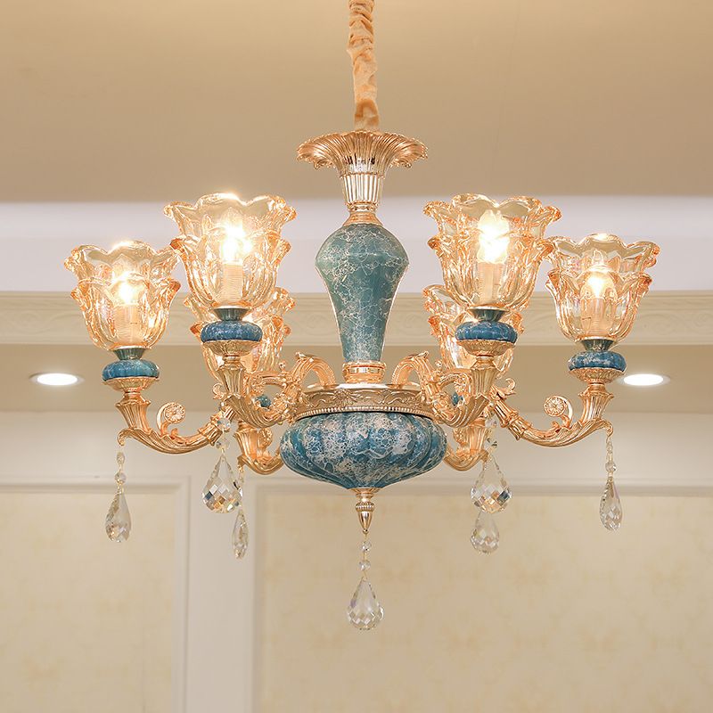 Swooping Arm Living Room Pendant Chandelier Rustic Metal Gold Hanging Ceiling Light with Flower Clear Textured Glass Shade