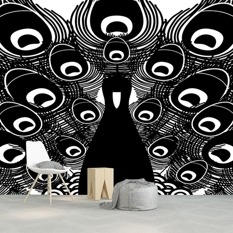 Tropical Peacock Illustration Mural Wallpaper for Sitting Room Wall Covering in Soft Color