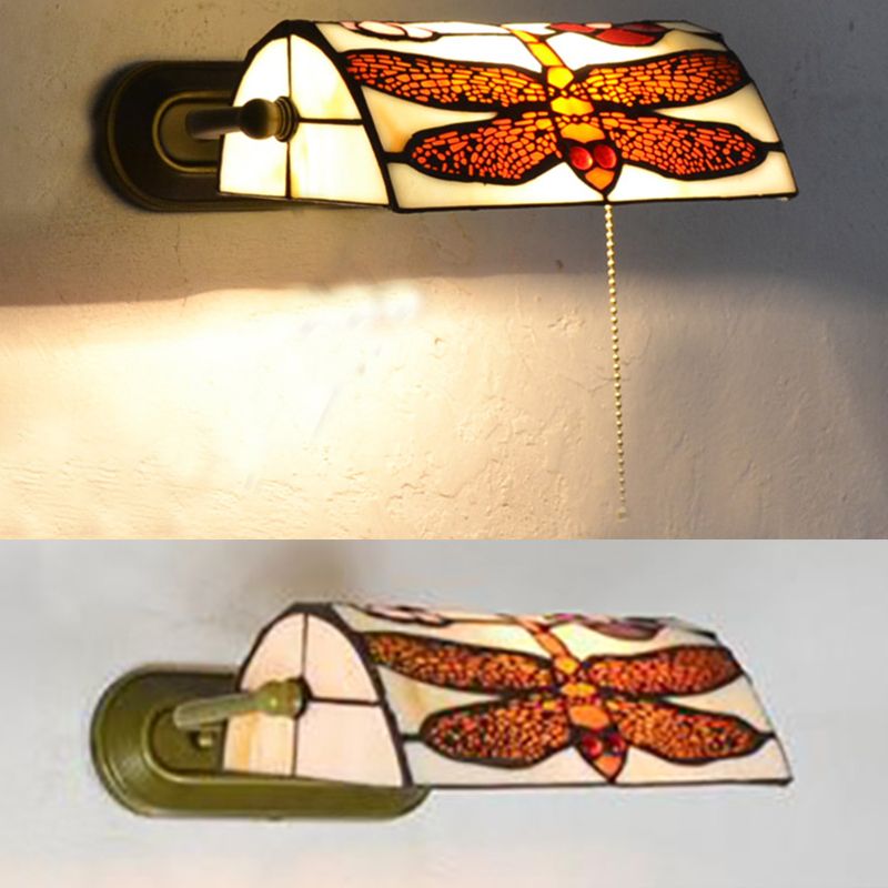 Beige Banker Wall Sconce without/with Pull Chain Vintage Stained Glass 1 Head Wall Sconce Lighting with Dragonfly Pattern