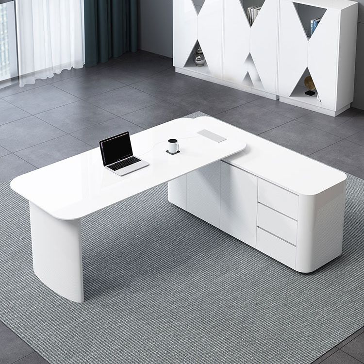 Contemporary White Executive Desk Cabinet L-Shape Office Desk Pedestal