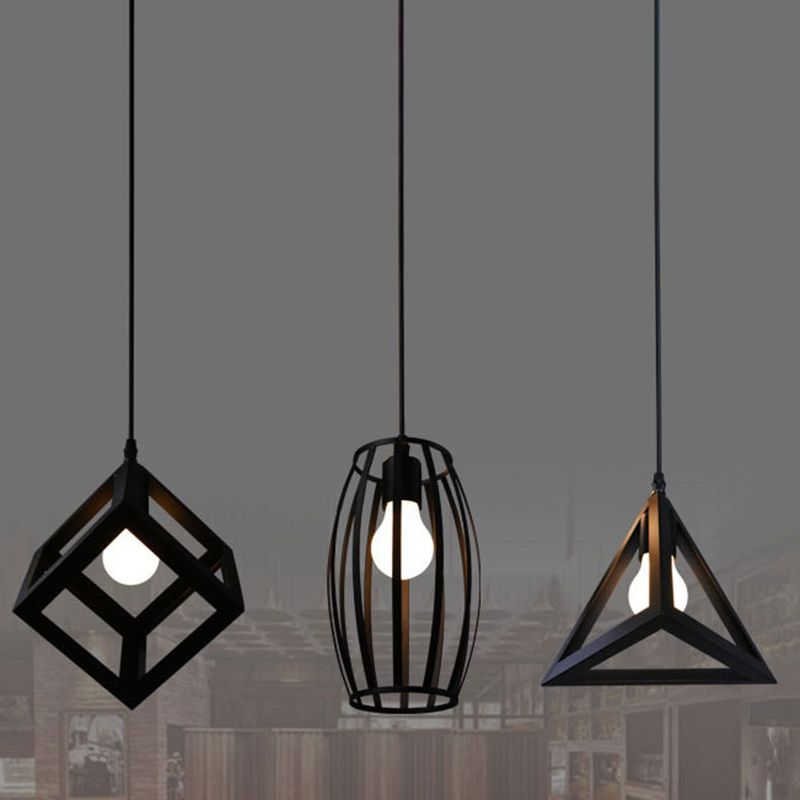 Black 1 Head Suspension Lamp Industrial Iron Geometric Cage Hanging Ceiling Light for Restaurant