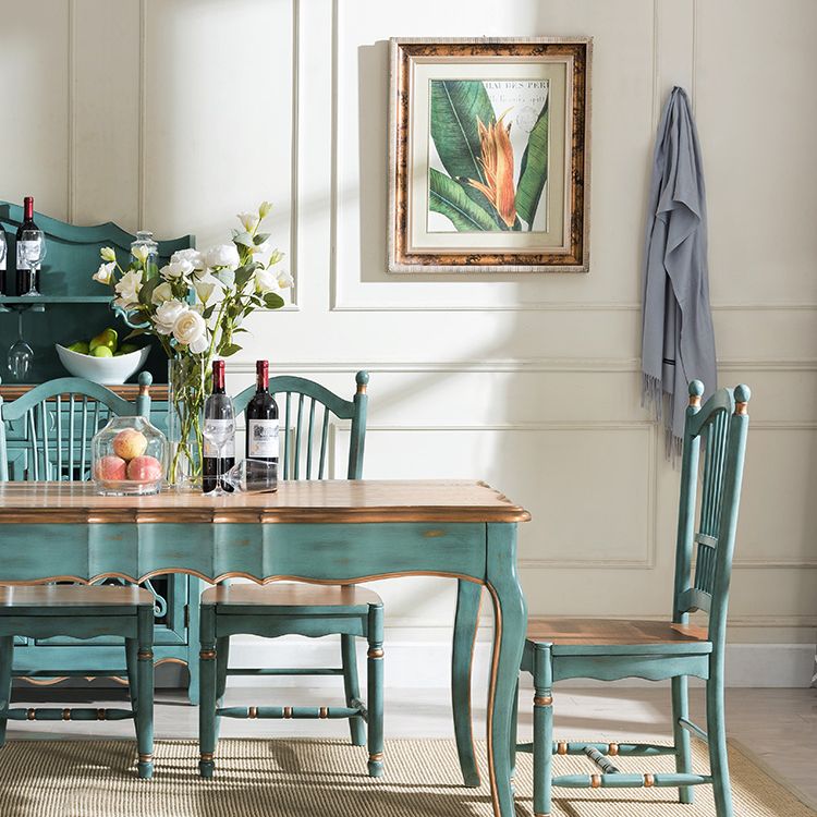Traditional Wooden Dining Room Set Standard Height with Rectangle Top and Blue Base Dining Furniture