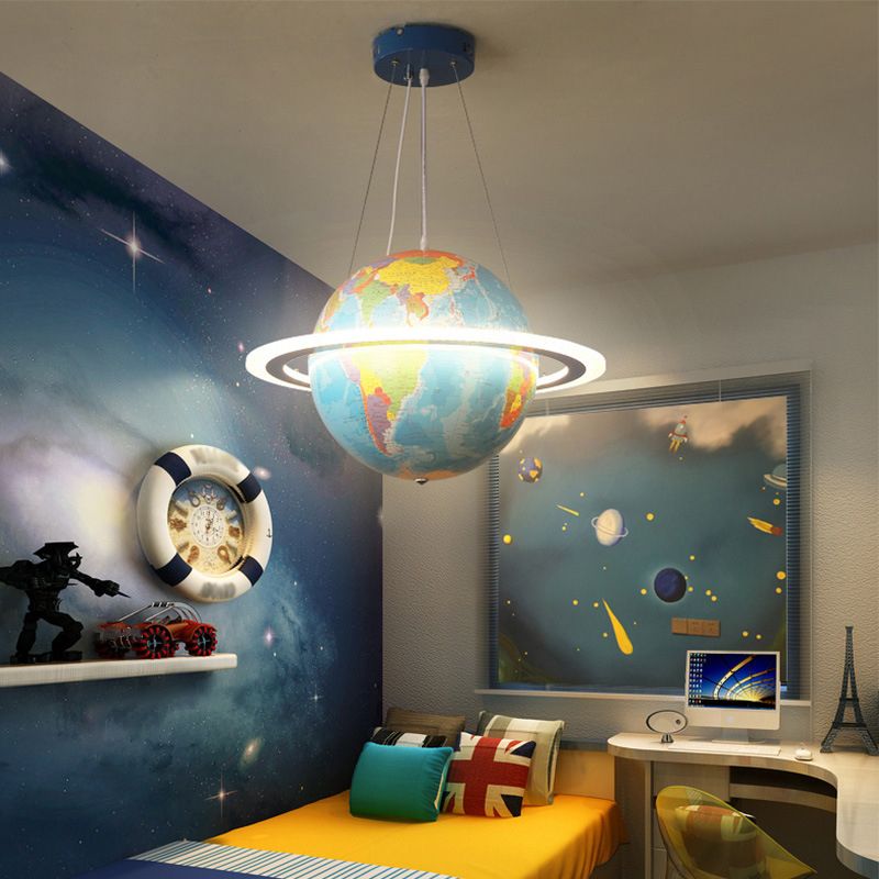 Blue Terrestrial Globe Chandelier Creative LED Acrylic Hanging Pendant with Ring for Nursery