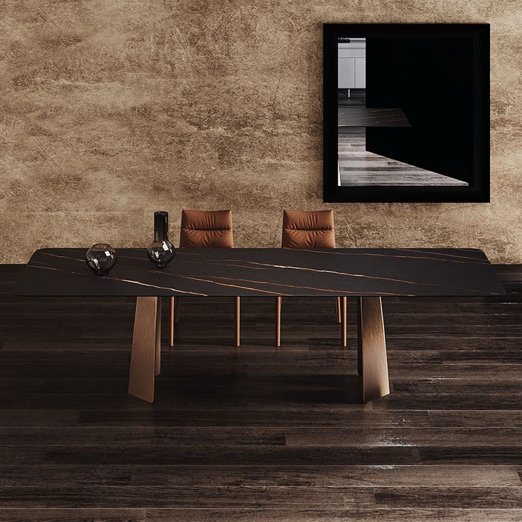 Minimalist Sintered Stone Dining Room Set with Rectangle Top and Metal Base Formal Table Set