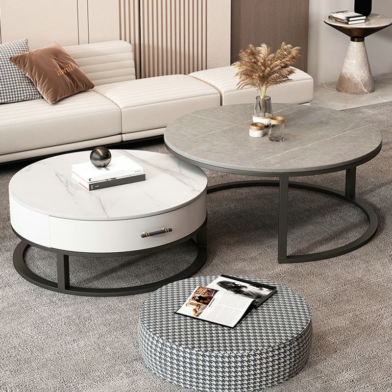 Slate Top Coffee Table Set Round Frame Cocktail Table with Drawers