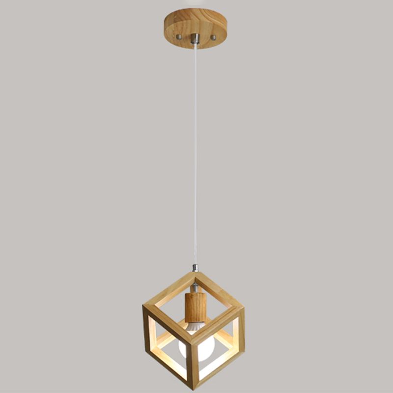 Geometric Dining Room Pendant Light Fixture Wooden Minimalist Hanging Lamp in Beige