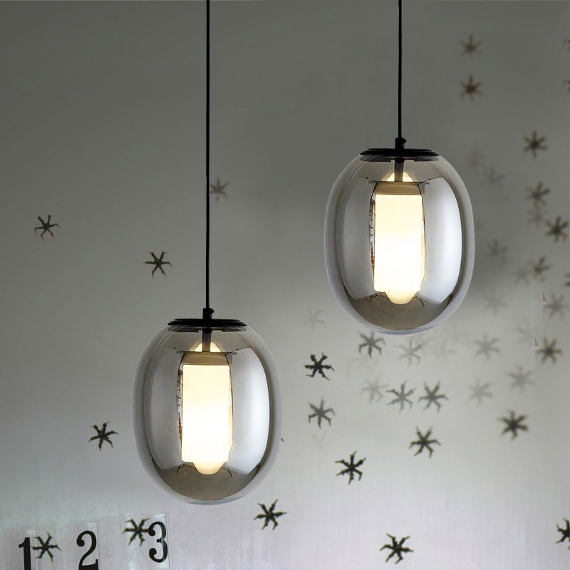 Oval Bedroom Hanging Lamp Kit Black Glass 1 Head 7"/8.5" Wide Simple Style Pendant Light