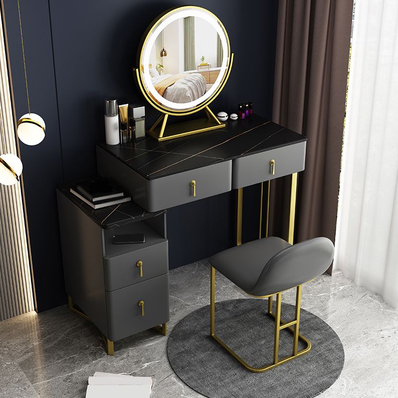 Gray Dressing Table Genuine Leather Vanity Table with Storage Drawers