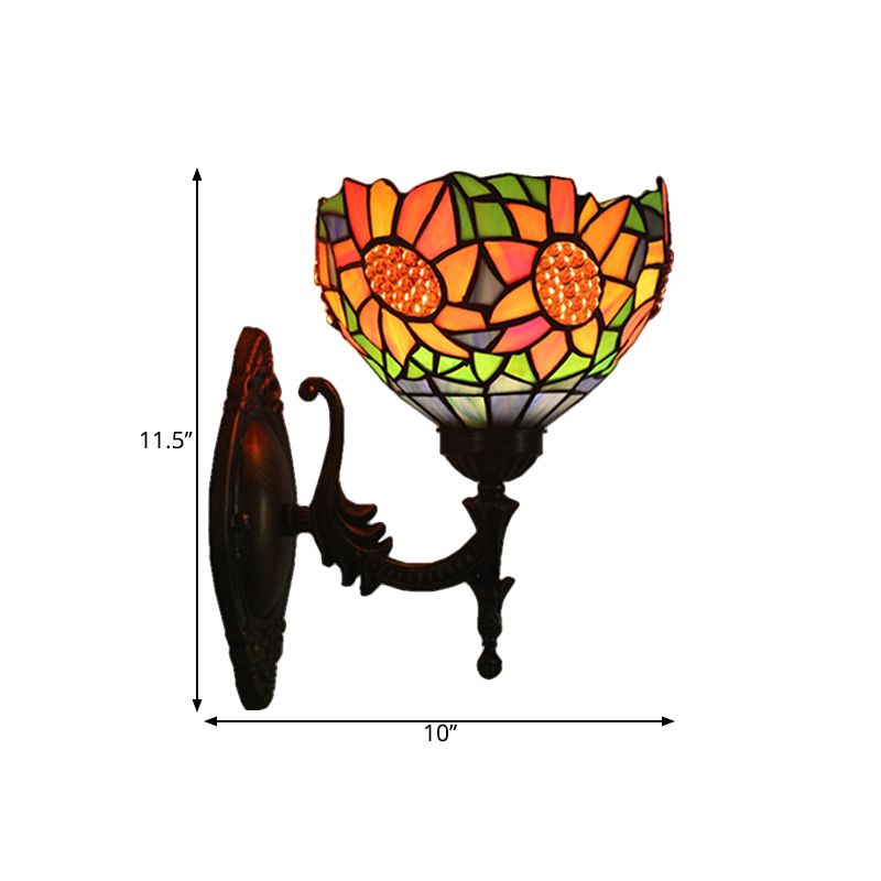 1 Light Bedroom Wall Lighting Baroque Brass Sunflower Patterned Wall Sconce with Bowl Stained Glass Shade