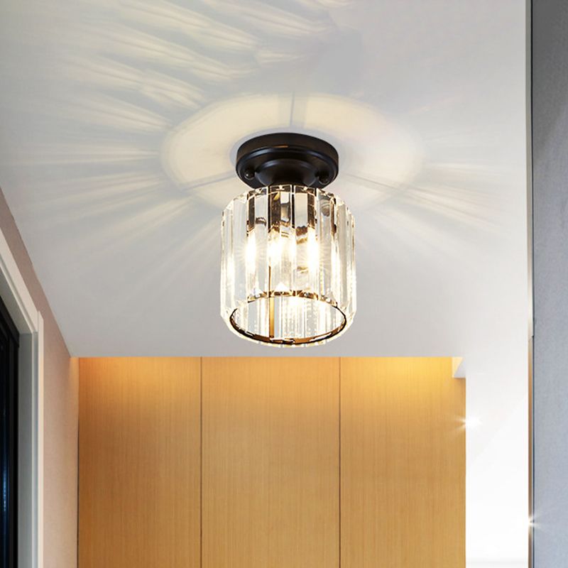 Clear Glass Cylinder Flush Light Fixture Modernist 1-Light Flush Mount Ceiling Lamp in Black for Corridor