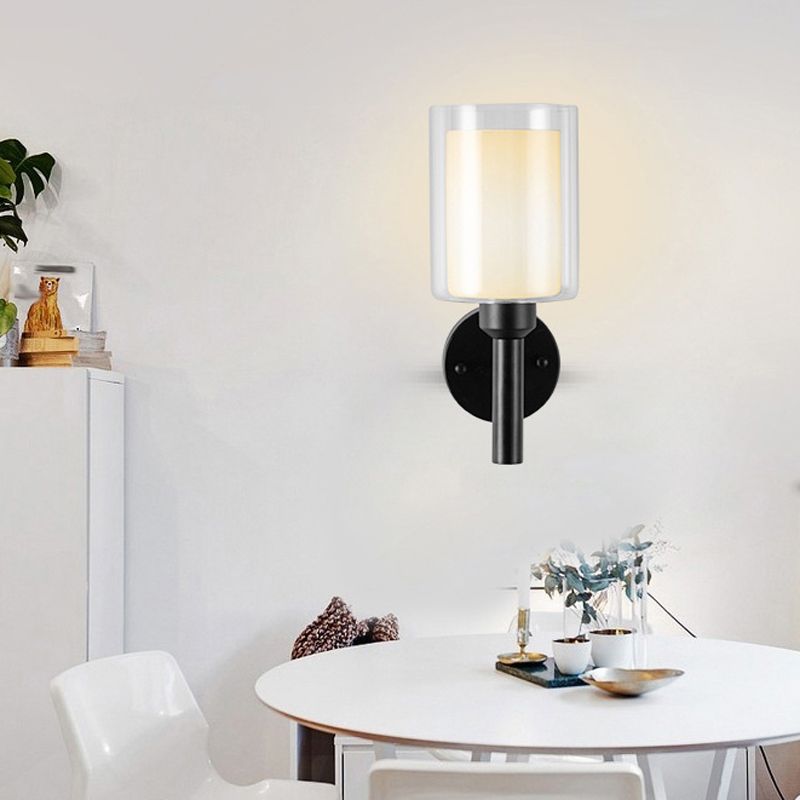 Minimalism Wall Sconce Cylinder-Shade Wall Light Fixture with Glass for Bedroom