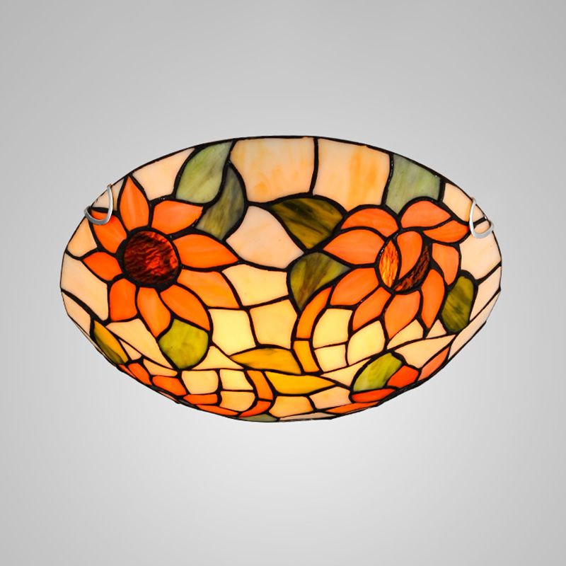 Sunflower Flush Mount Ceiling Light Tiffany Stained Glass Orange Flush Light in Bowl Shape